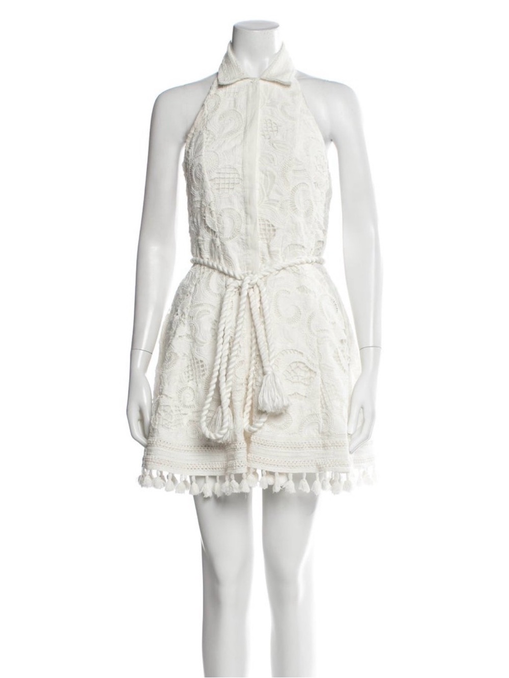 Alice + Olivia White Halter Lace Mini Dress with Tassel Belt